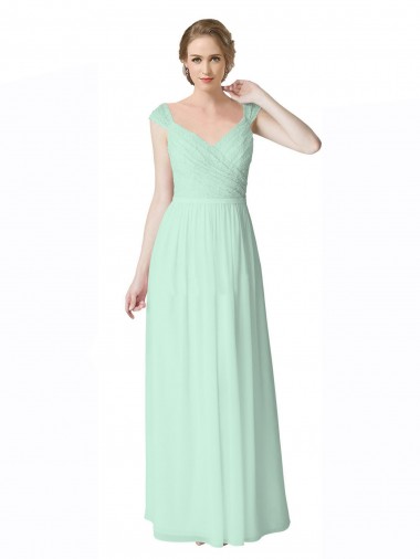 Long Chiffon Bridesmaid Dress with Corded Lace V-Neck Bodice UK