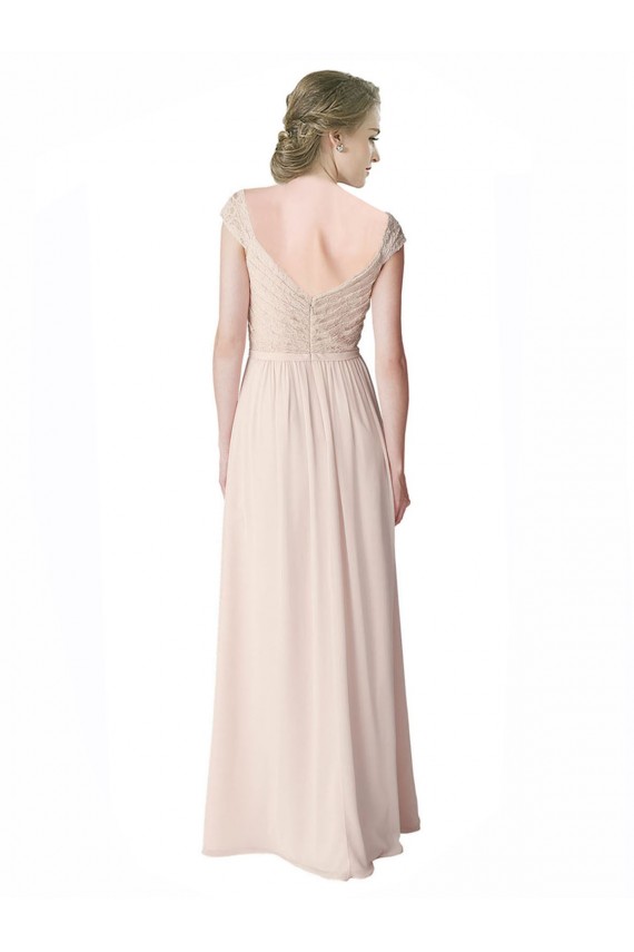 Long Chiffon Bridesmaid Dress with Corded Lace V-Neck Bodice UK