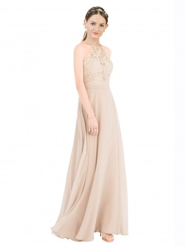 High Halter Neck Illusion Lace Bridesmaid Dress with Chiffon Skirt and Keyhole Back UK