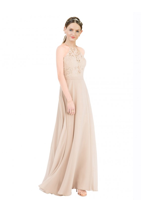 High Halter Neck Illusion Lace Bridesmaid Dress with Chiffon Skirt and Keyhole Back UK