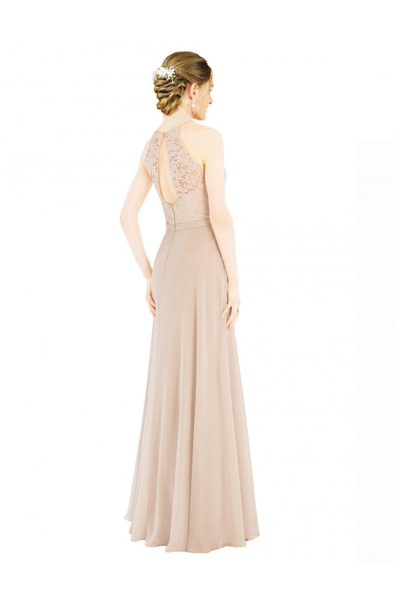 High Halter Neck Illusion Lace Bridesmaid Dress with Chiffon Skirt and Keyhole Back UK