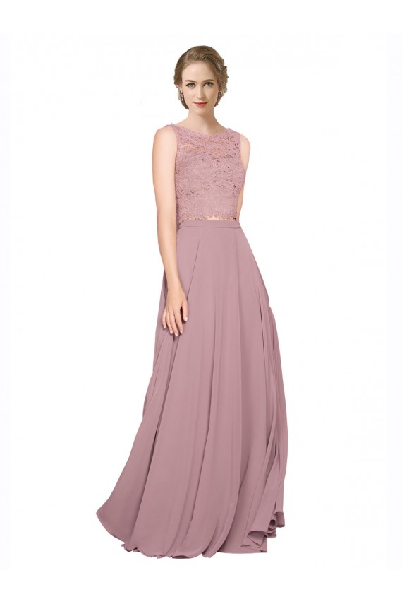 Long A-Line Chiffon Bridesmaid Dress with Sleeveless Lace Crop Top UK