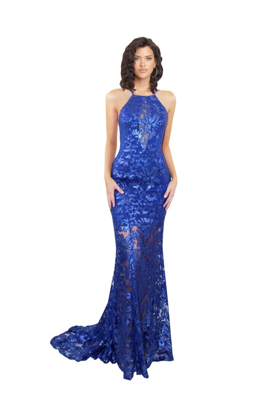 High Neck Long Open Back Lace Bridesmaid Dress with Train UK