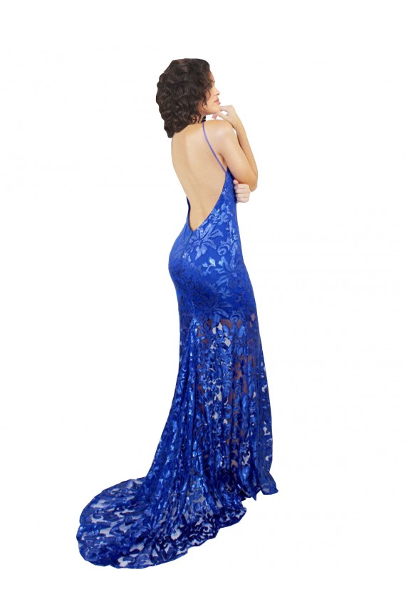 High Neck Long Open Back Lace Bridesmaid Dress with Train UK