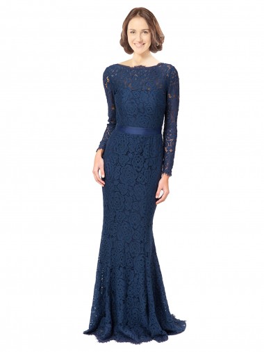 Long Sleeves Floor Length Vintage Lace Bridesmaid Dress with Deep V-Back UK