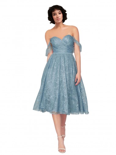 Off the Shoulder Sweetheart Chantilly Lace Midi Length Bridesmaid Dress UK