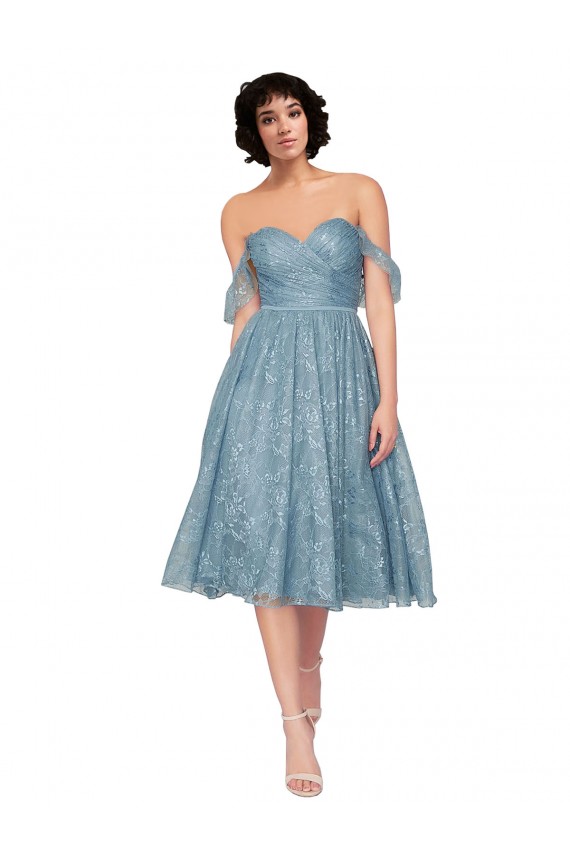 Off the Shoulder Sweetheart Chantilly Lace Midi Length Bridesmaid Dress UK