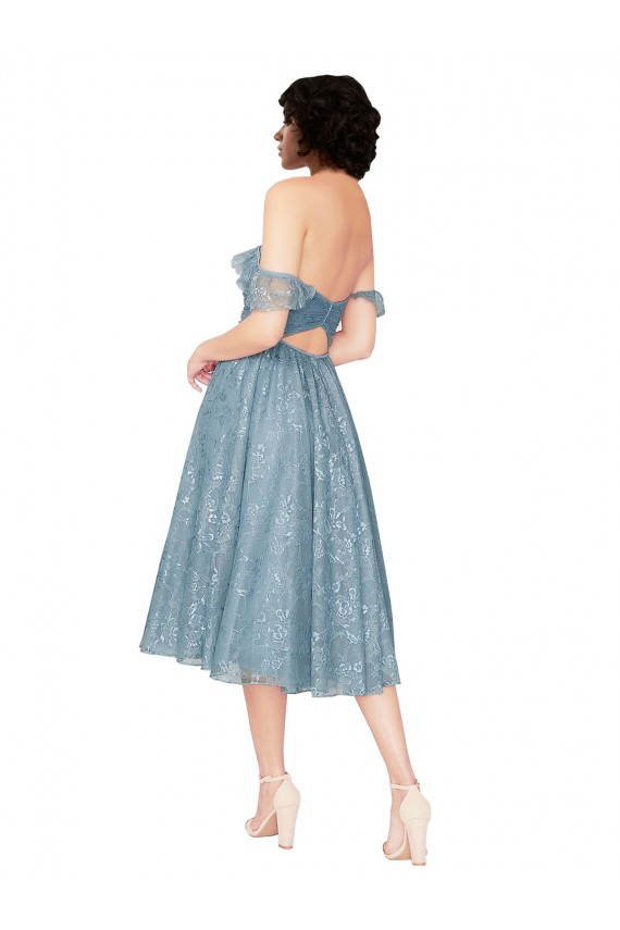 Off the Shoulder Sweetheart Chantilly Lace Midi Length Bridesmaid Dress UK