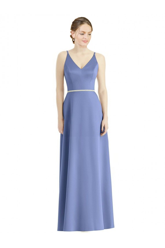 Long Floor Length V-Neck Satin Bridesmaid Dress with Spaghetti Straps UK