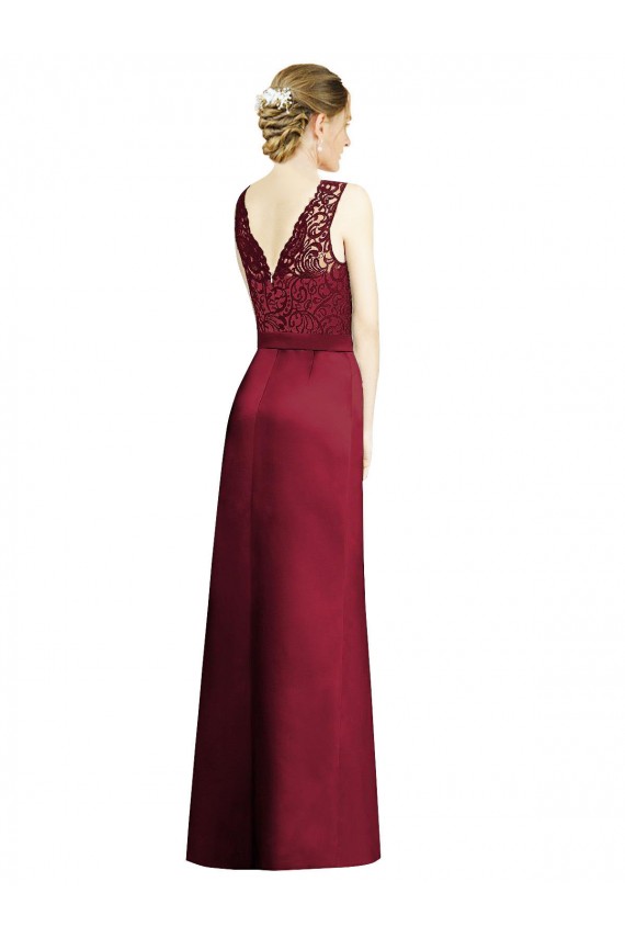 Full Length Sleeveless Satin Bridesmaid Dress with Lace Bodice UK