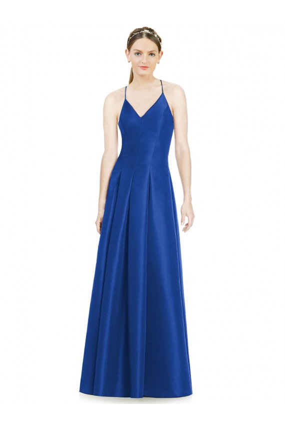 Full Pleated V-Neck Long Satin Bridesmaid Dress with Criss Cross Open Back UK