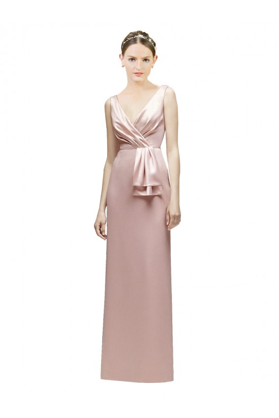 Sleeveless V-Neck Long Satin Bridesmaid Dress with Draped Bodice and Tiered Bow UK