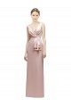 Sleeveless V-Neck Long Satin Bridesmaid Dress with Draped Bodice and Tiered Bow UK