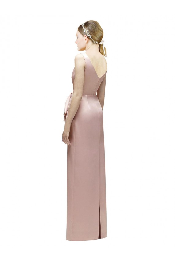 Sleeveless V-Neck Long Satin Bridesmaid Dress with Draped Bodice and Tiered Bow UK