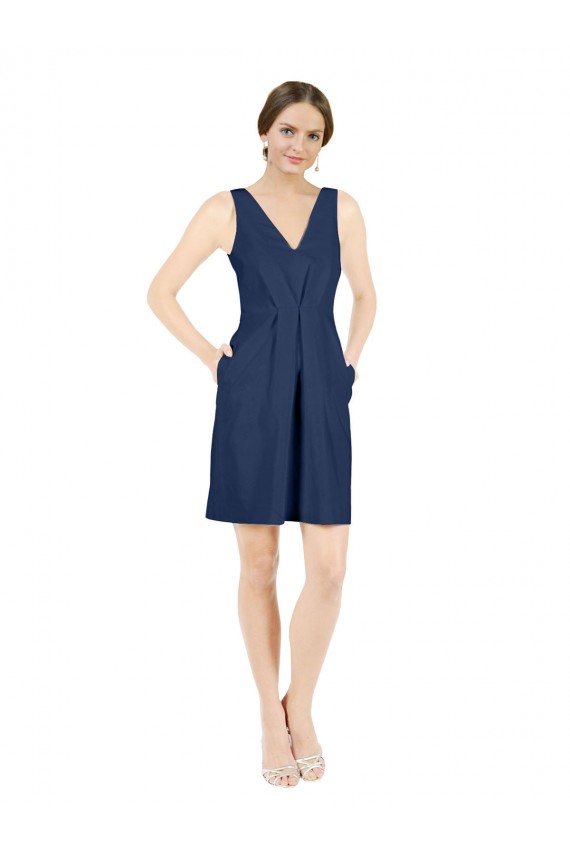 Deep V-Neck Short Knee Length Satin Bridesmaid Dress with Slimming Pleats UK