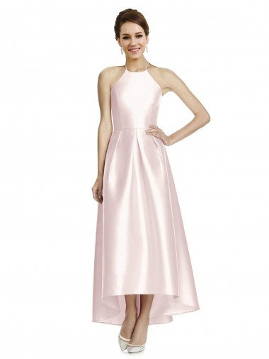 Long High-Low Halter Satin Bridesmaid Dress with Criss-Cross Back UK