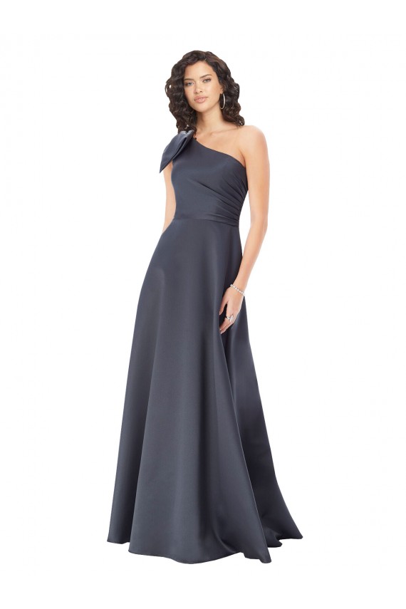 Rouched One Shoulder Floor Length Satin Bridesmaid Dress with Bow UK