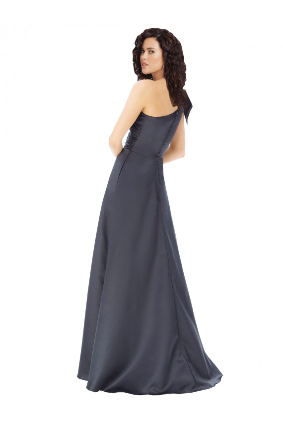 Rouched One Shoulder Floor Length Satin Bridesmaid Dress with Bow UK
