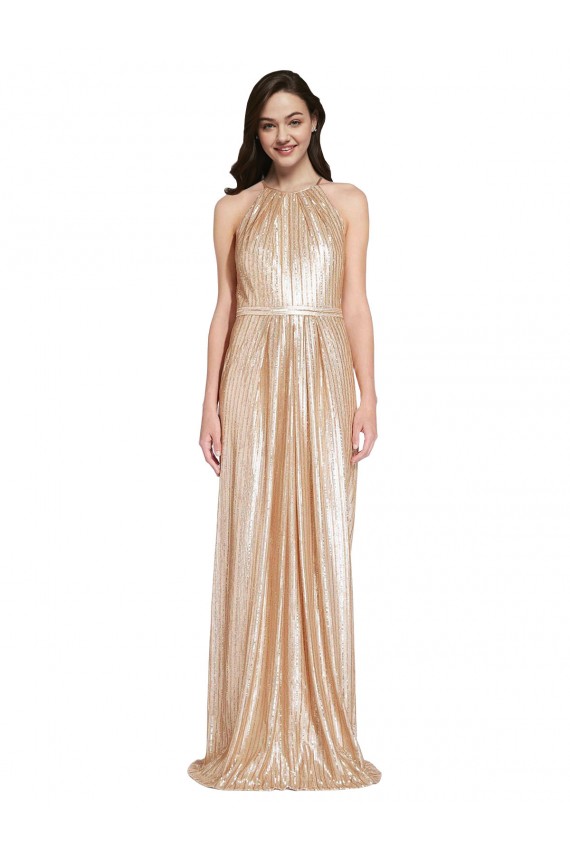 Floor Length Halter Neck Sparkling Sequin Bridesmaid Dress with Pleats UK