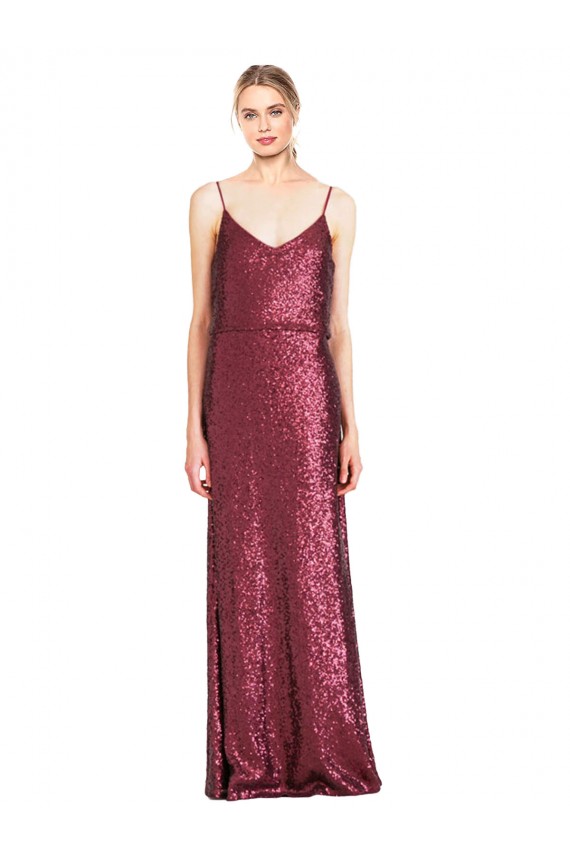 High Neck Halter Long Slim Sequin Bridesmaid Dress with V-Neck and Blouson Bodice UK