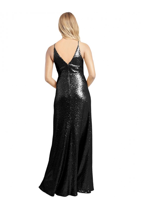 Full Length A-Line Sequin Bridesmaid Dress with Spaghetti Straps V-Neckline UK