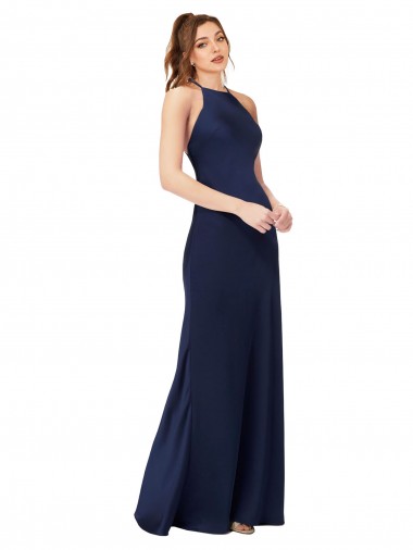 High Neck Satin Bridesmaid Dress with Strappy Back UK