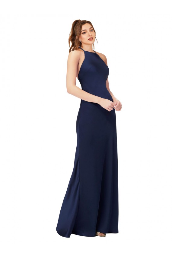 High Neck Satin Bridesmaid Dress with Strappy Back UK
