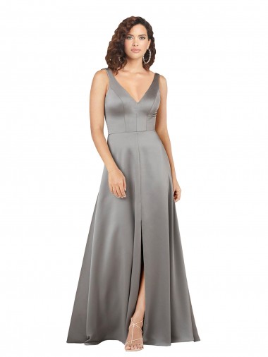 Plunging V-Neckline Long A-Line Silky Satin Bridesmaid Dress UK