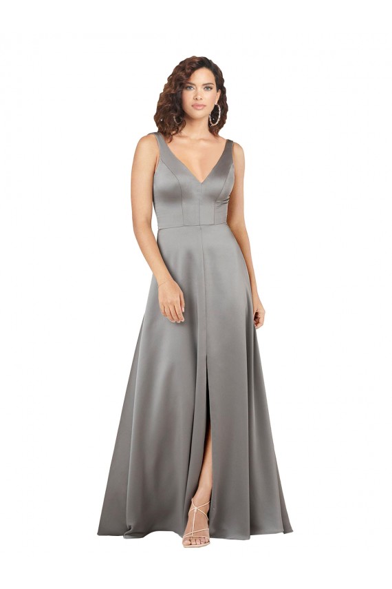 Plunging V-Neckline Long A-Line Silky Satin Bridesmaid Dress UK