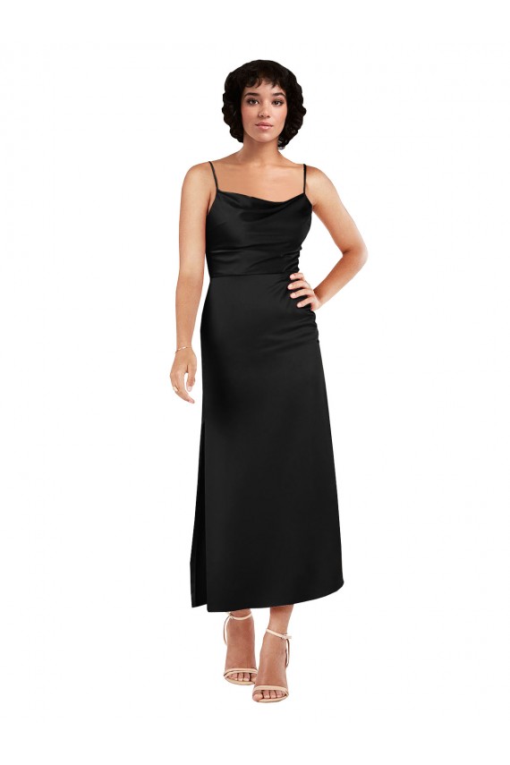 Cowl Neck Tea-Length Short Silky Satin Bridesmaid dress with Skirt Slit UK