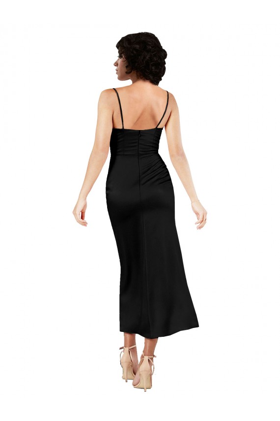 Cowl Neck Tea-Length Short Silky Satin Bridesmaid dress with Skirt Slit UK