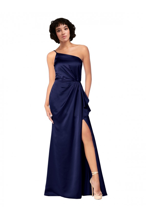 One Shoulder Silky Satin Bridesmaid Dress with Skirt Slit UK