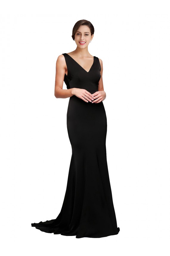 V-Neck Full Length Silky Satin Bridesmaid Dress with Soft Cowl Neck and Sweep Train UK