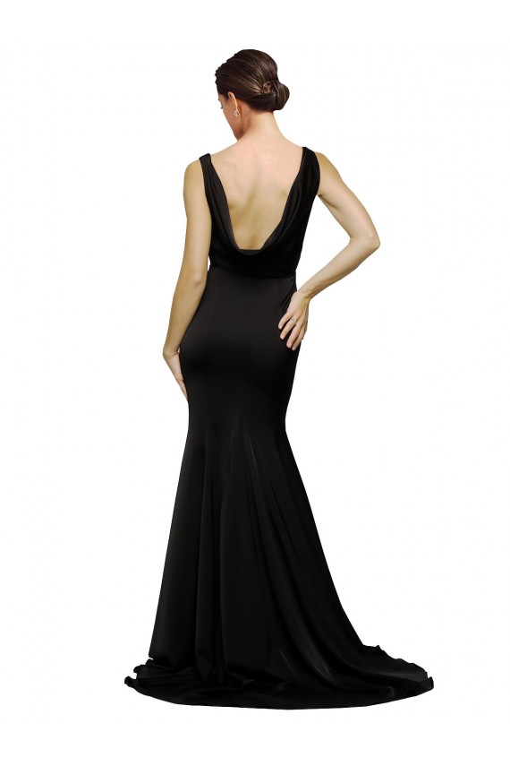 V-Neck Full Length Silky Satin Bridesmaid Dress with Soft Cowl Neck and Sweep Train UK