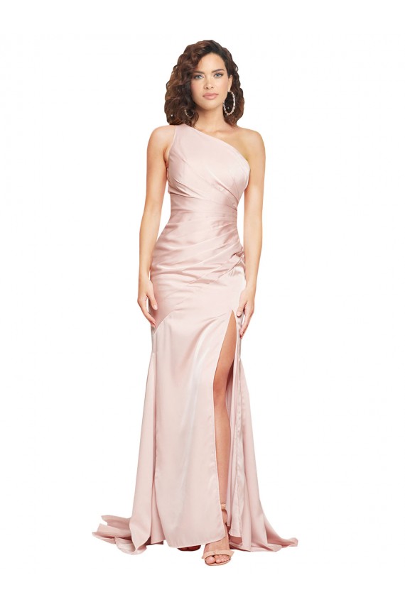 Full Length One Shoulder Long Silky Satin Bridesmaid Dress with High Split UK