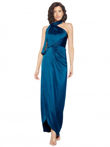 High Halter Neck Silky Satin Bridesmaid Dress with Sash Overlay and Side Split UK