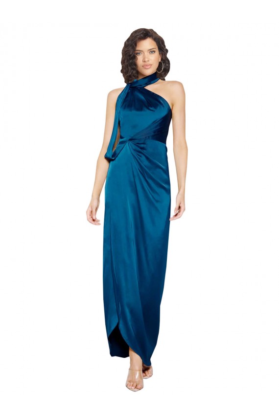 High Halter Neck Silky Satin Bridesmaid Dress with Sash Overlay and Side Split UK