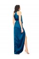 High Halter Neck Silky Satin Bridesmaid Dress with Sash Overlay and Side Split UK