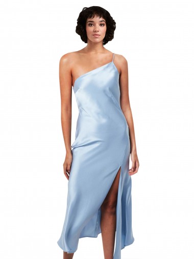 Midi Length Short Silky Satin Bridesmaid Dress with Asymmetric Neckline and High Side Split UK
