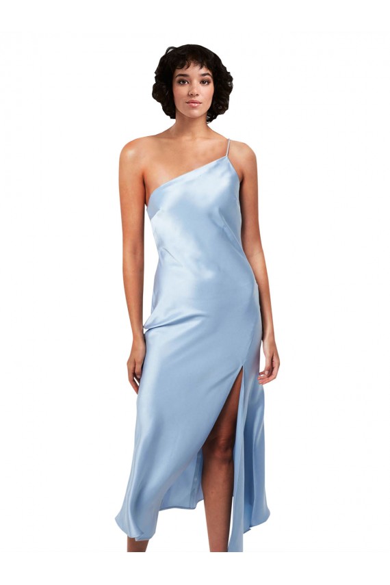 Midi Length Short Silky Satin Bridesmaid Dress with Asymmetric Neckline and High Side Split UK