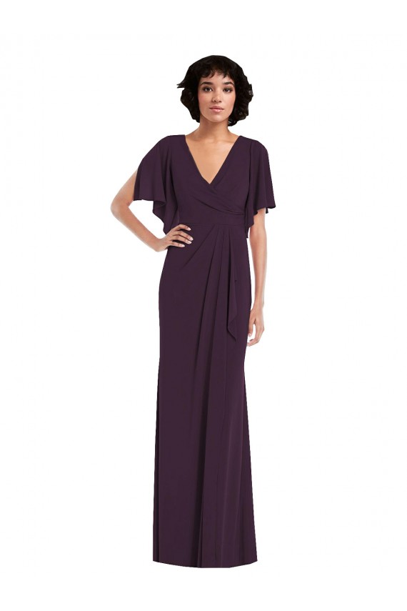 Faux Wrap Split Sleeves Maxi Spandex Bridesmaid Dress with Cascade Skirt UK
