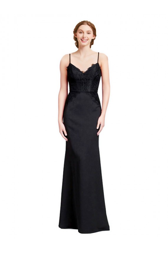 Long Chiffon Bridesmaid Dress with Lace Bodice and Curved V-Neckline UK