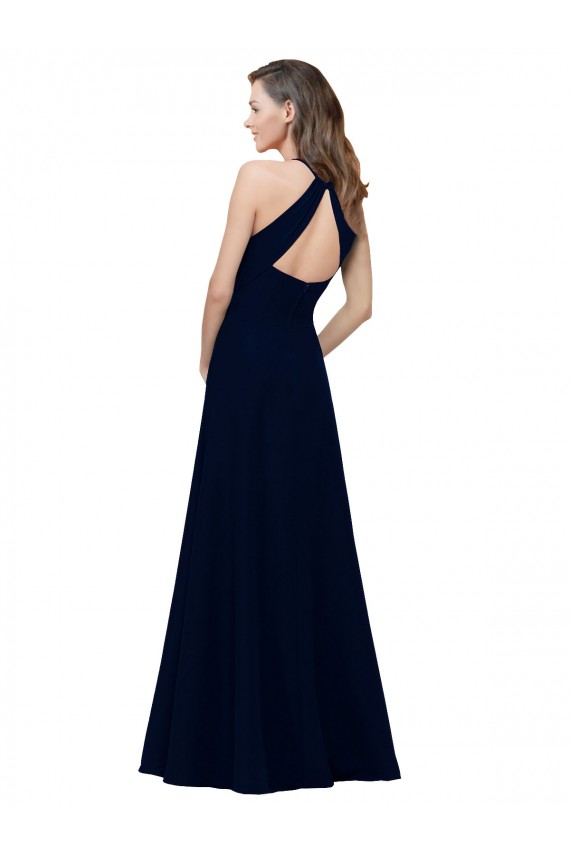 High Neck Crepe Bridesmaid Dress with Pleats and Keyhole Back UK