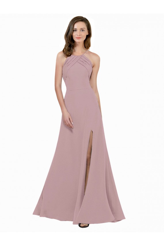 High Neck Crepe Bridesmaid Dress with Pleats and Keyhole Back UK