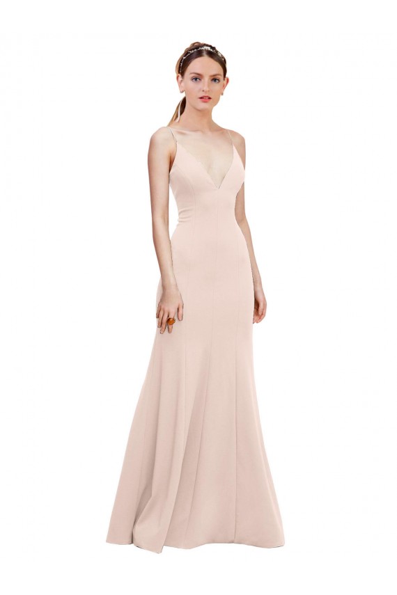 Deep V-Neck and Back Long Crepe Bridesmaid Dress UK
