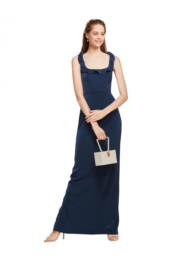 Scoop Neck with Ruffles Long Crepe Bridesmaid Dress with Back Slit UK