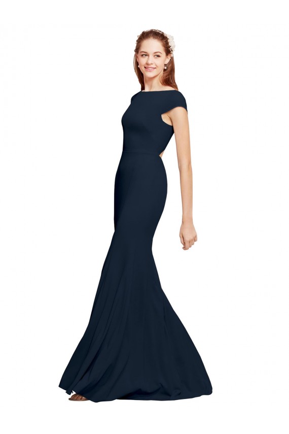 Fit and Flare Long Crepe Bridesmaid Dress with Tie Open Back UK