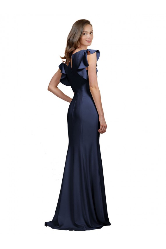 Sleeveless Crepe Bridesmaid Dress with Cascading Ruffle and Keyhole Back UK