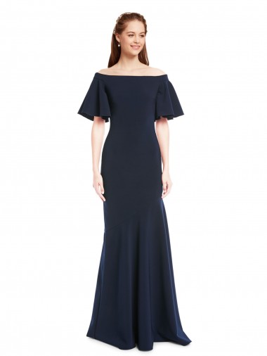 Off the Shoulder Crepe Bridesmaid Dress with Short Ruffle Sleeves. UK