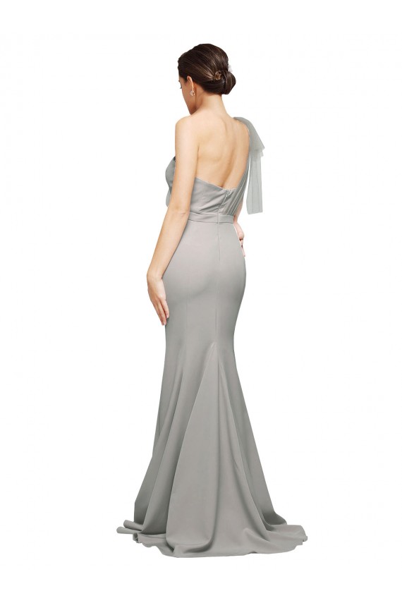 Long Sweep Train Sweetheart Crepe Bridesmaid Dress with Tulle One Shoulder UK